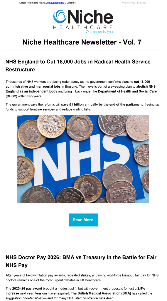 NHS Newsletters - Niche Healthcare Newsletter Vol. 7 - “NHS England to Cut 18,000 Jobs in Radical Health Service Restructure”